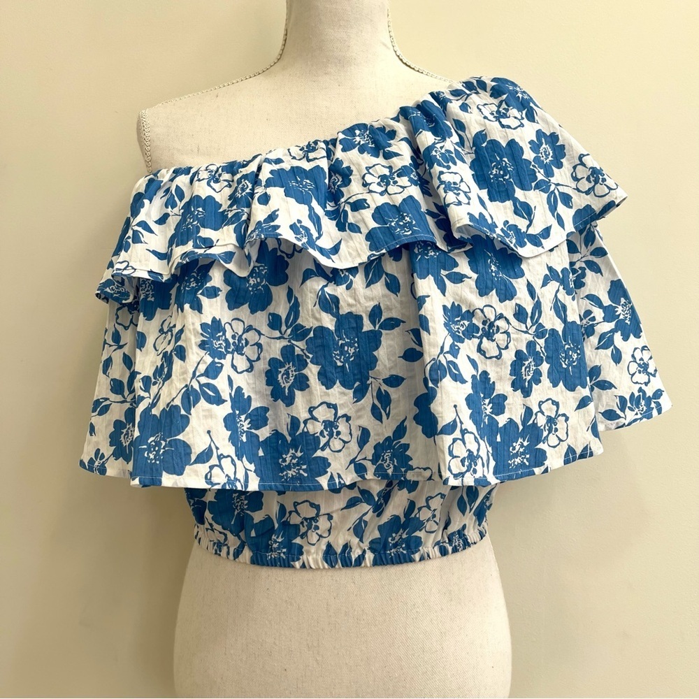 Petal & Pup One Shoulder Ruffle Crop Top Blue White Floral Size Large